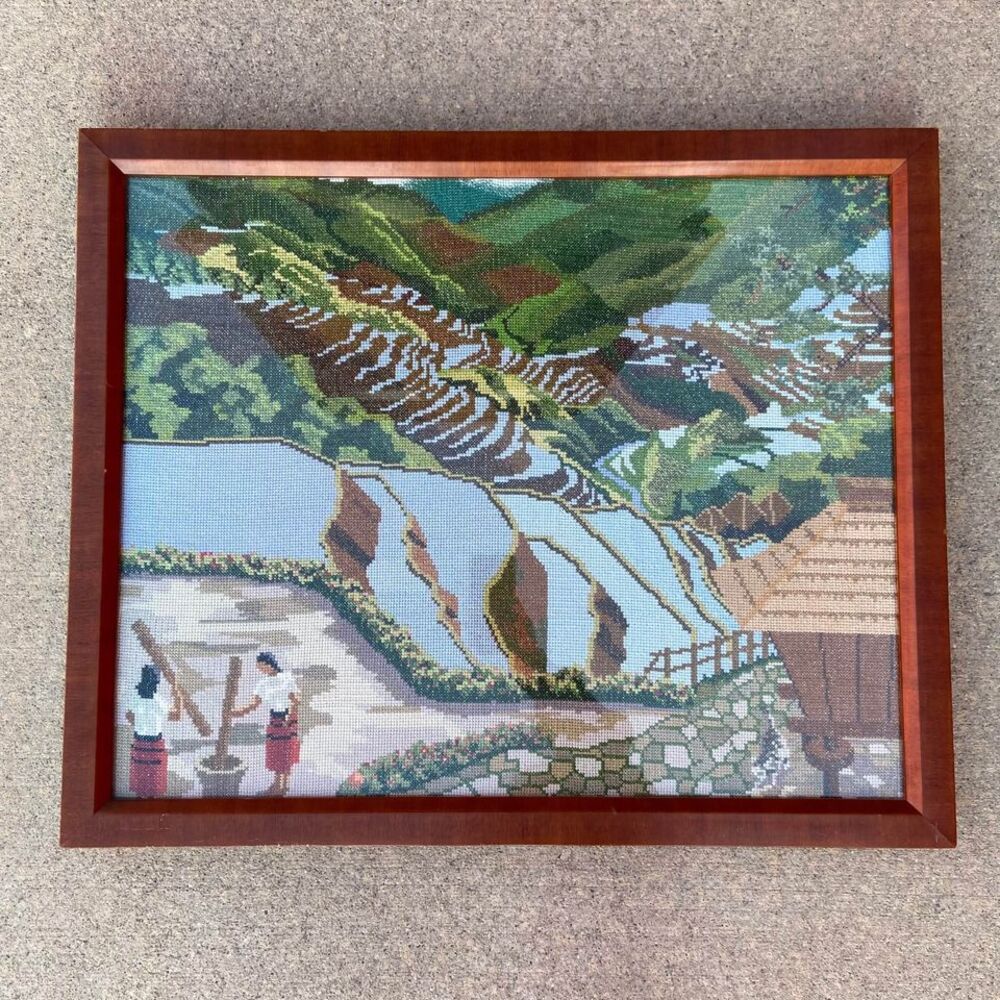 Vintage Framed Needlepoint Mountain Village Scene
